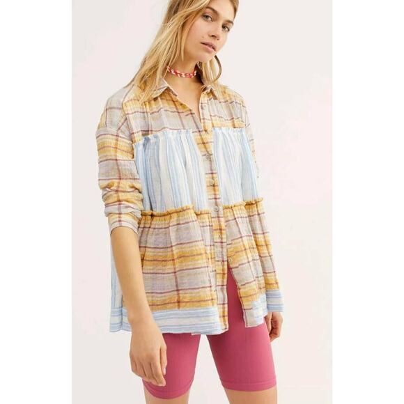 Free People We the Free Waiting on Summer Striped Panel Plaid Swing Top Sz Small - Picture 1 of 5